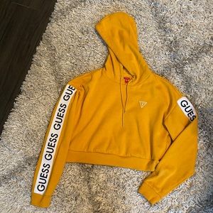 Mustard yellow GUESS cropped hoodie, size L